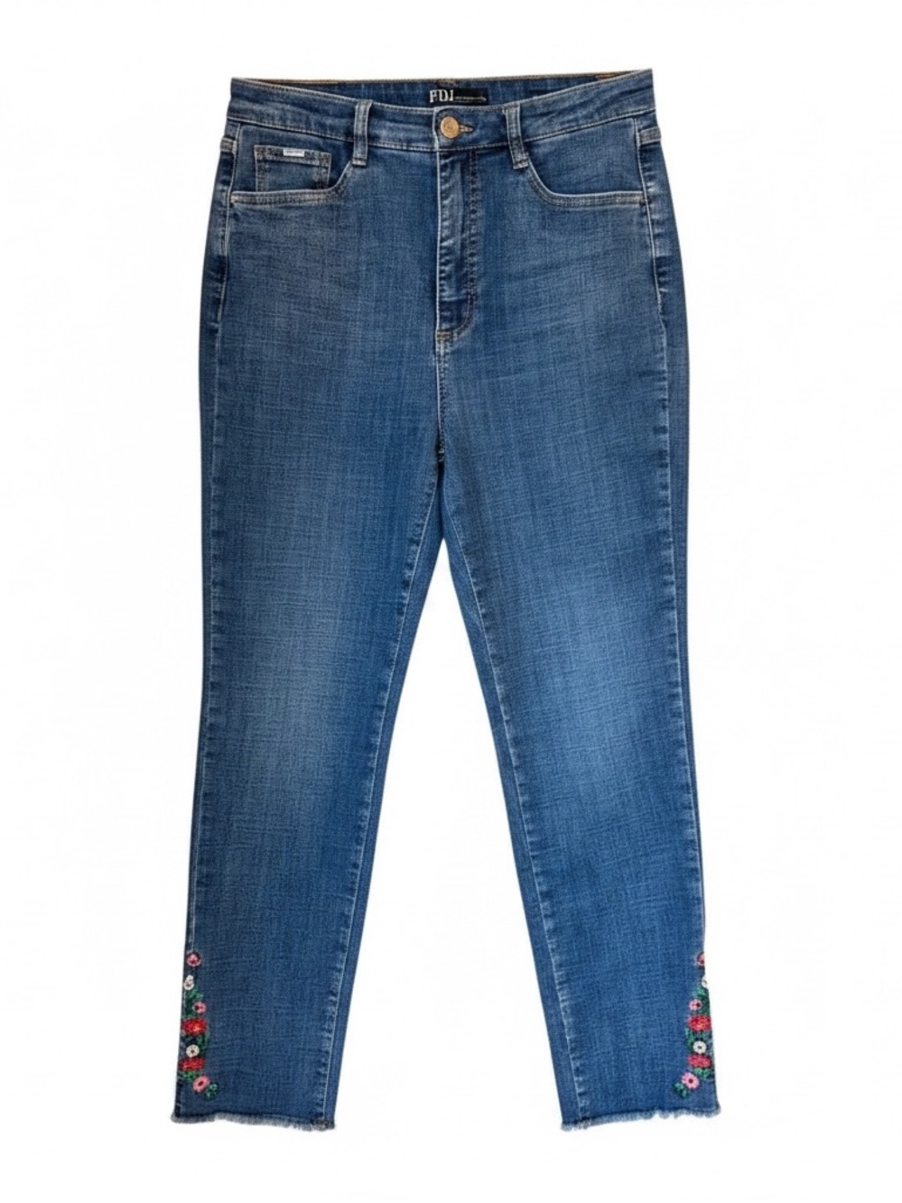 FDJ Medium Blue Floral Embroidered Slit Women's Jeans Sz.12